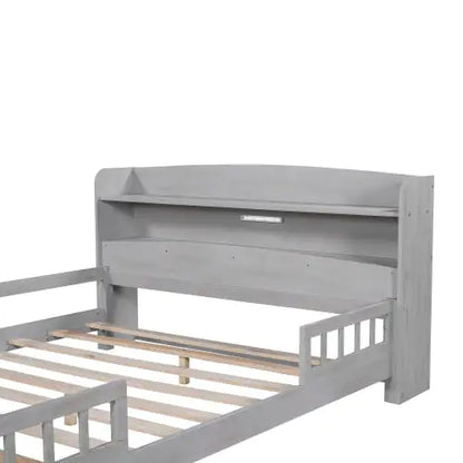 Wood Full-Size Platform Bed with Built-in LED Light, Storage Headboard, and Guardrail