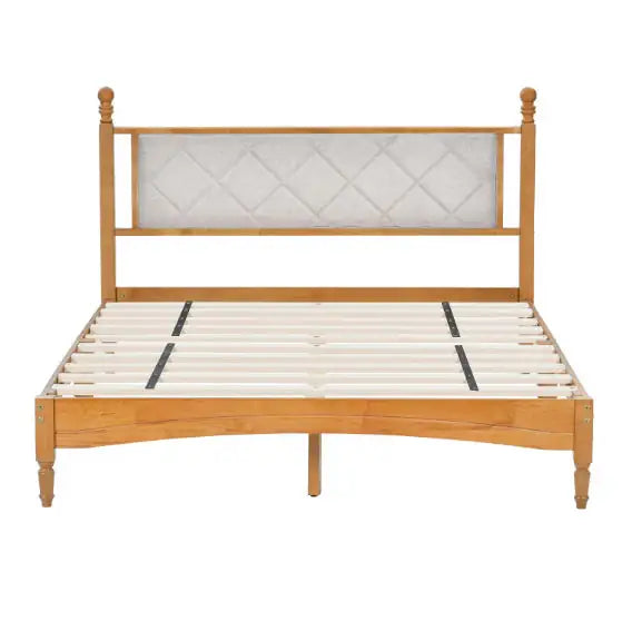 Queen Wood Bed Frame With Upholstered Headboard Wooden Bed