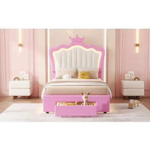 Twin LED Crown Headboard Bed with Storage Drawer