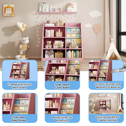 Pink Wooden Kids' Book Rack with Adjustable Shelves