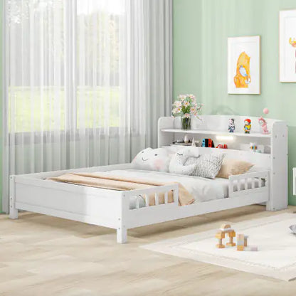 Wood Full Size Platform Bed with Built-in LED Light, Storage Headboard, and Guardrail