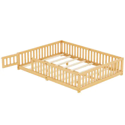 Queen Size Bed Floor Bed With Safety Guardrails And Door For Kids, Natural