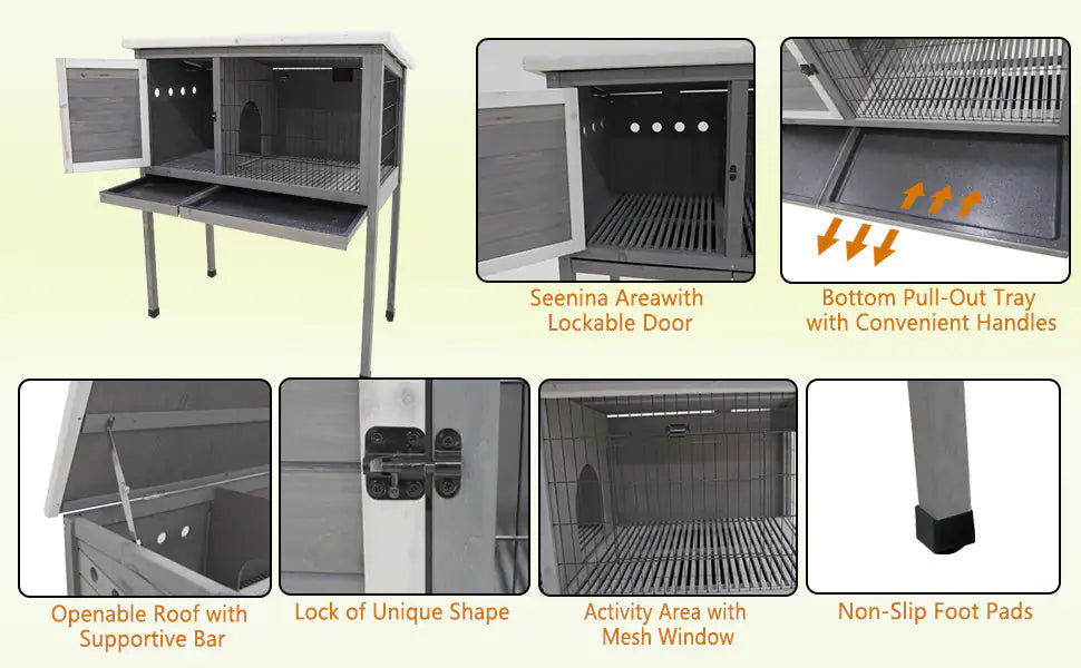 Wooden Rabbit Cage, Indoor And Outdoor Rabbit Cage With Roof And Removable Tray