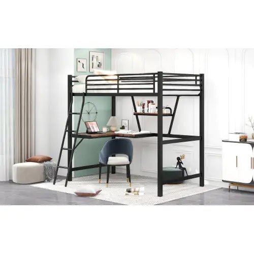 Twin Size Loft Metal&MDF Bed With Desk And Shelf, Black