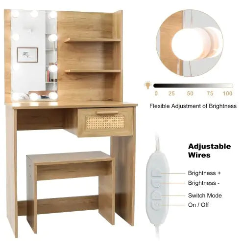 Vanity Desk Set with LED Lighting Mirror, Stool & Drawers