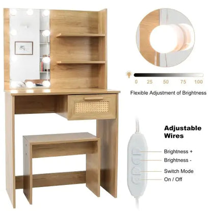 Vanity Desk Set with LED Lighting Mirror, Stool & Drawers