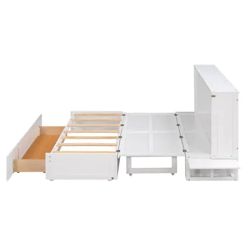 Queen Size Mobile Murphy Bed With Drawer And Little Shelves On Each Side,White