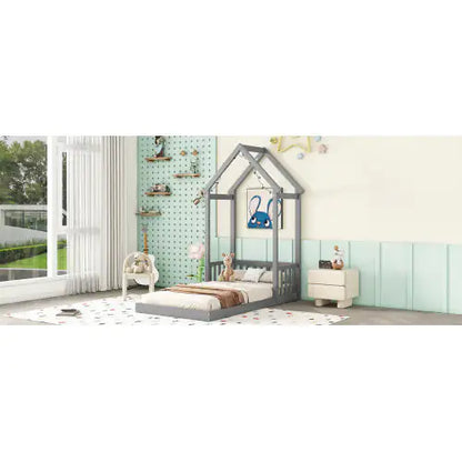 Twin House-Shaped Roof Headboard Floor Bed