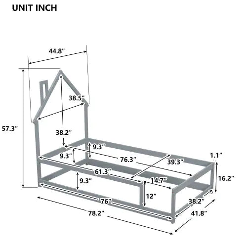 Twin Size Wood Bed With House-shaped Headboard Floor Bed With Fences,Grey