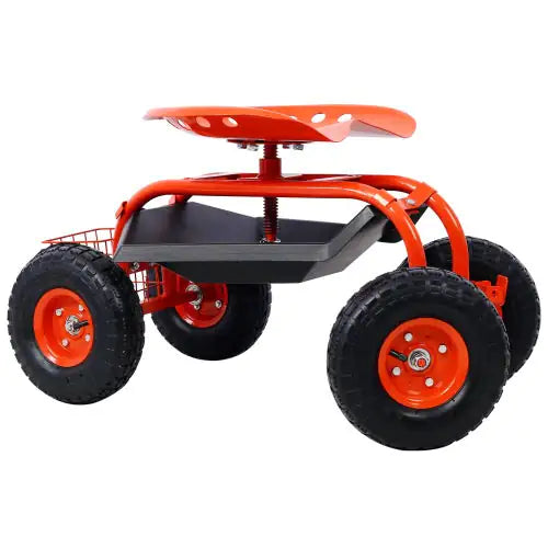 Swivel Garden Scooter with Tool Tray and Wheels, Red