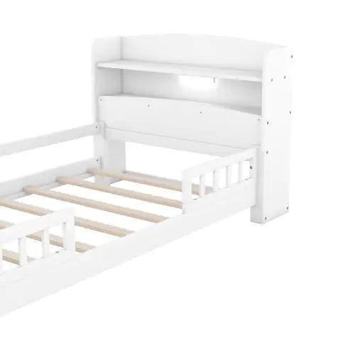 Wood Twin Size Platform Bed with Built-in LED Light, Storage Headboard, and Guardrail