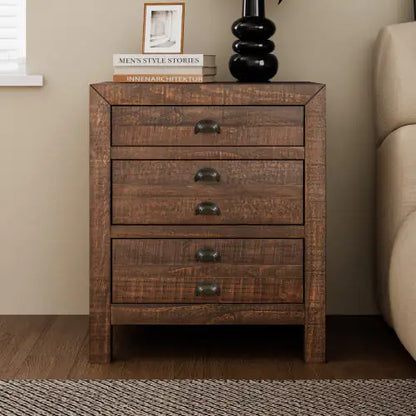 Rustic Farmhouse Style Three-Drawer Solid Pine Wood Nightstand