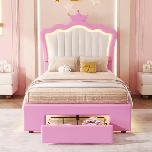 Twin LED Crown Headboard Bed with Storage Drawer