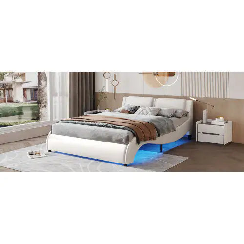 Queen Size Upholstered Faux Leather Platform Bed With LED Light Bed Frame With Slatted - White