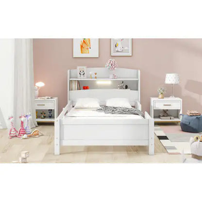 Wood Twin Size Platform Bed with Built-in LED Light, Storage Headboard, and Guardrail