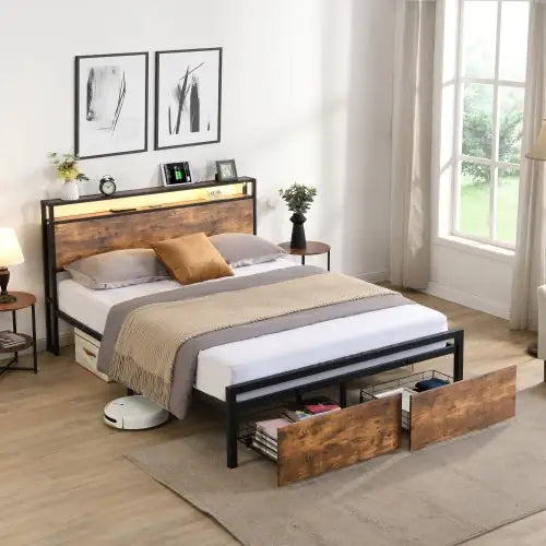 Queen Size Bed Frame With Storage Headboard And 2 Drawers, LED Lights Bed With Charging Station