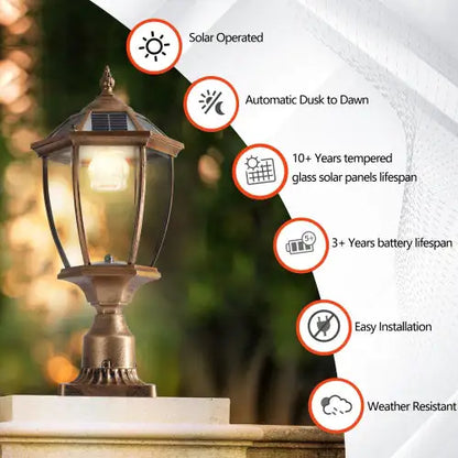 Vintage Gold Solar Pillar Headlight with Dimmable LED (Set of 2)