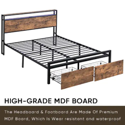 Queen Size Bed Frame With Storage Headboard And 2 Drawers, LED Lights Bed With Charging Station