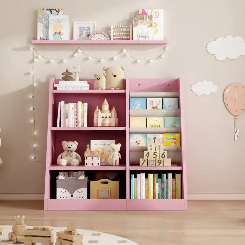 Pink Wooden Kids' Book Rack with Adjustable Shelves