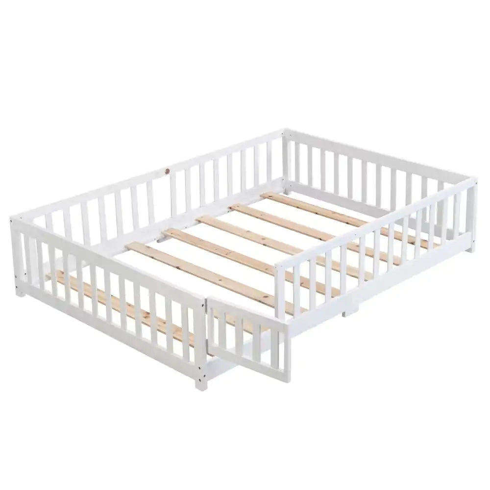 Child-Safe Twin Floor Bed with Door and Guardrails