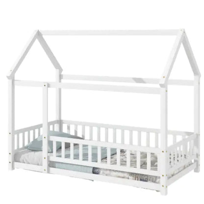 Twin Size Floor Wooden Bed with House Roof Frame & Fence Guardrails
