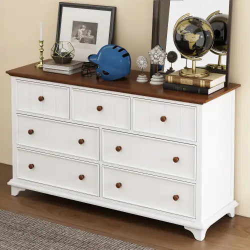 Walnut White Wooden Seven-Drawer Dresser