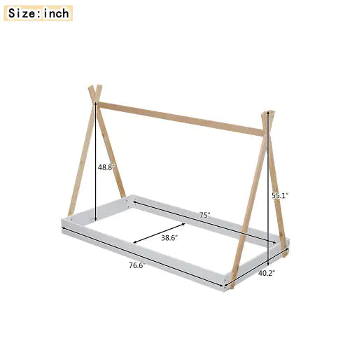 Twin Size Tent Floor Bed With Triangle Structure, White Natural