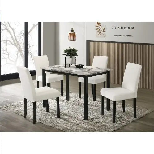 5pc White Wool and Faux Marble Dining Set