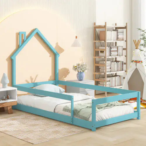 Twin Size Wood Bed With House-shaped Headboard Floor Bed With Fences,Light Blue