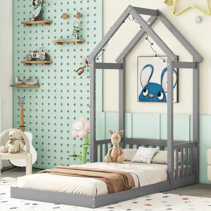 Twin House-Shaped Roof Headboard Floor Bed