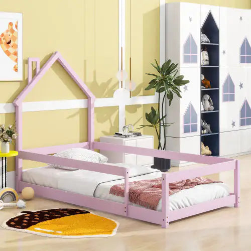 Twin Size Wood Bed With House-shaped Headboard Floor Bed With Fences,Pink