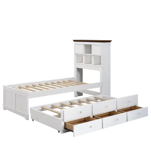 Solid Pine Captain Bookcase Bed With Trundle Bed And 3 Spacious Under Bed Drawers In Casual,Twin, White Walnut