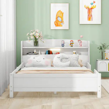 Wood Full Size Platform Bed with Built-in LED Light, Storage Headboard, and Guardrail