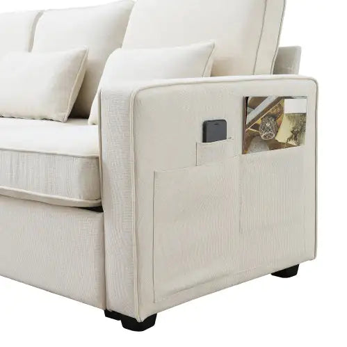 Linen Fabric Modern Sofa with Side Storage & Pillows