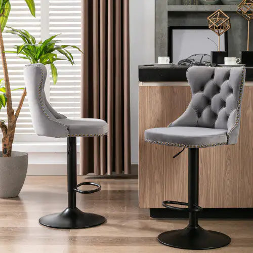 Swivel Velvet Barstools Adjusatble Seat Height From 25-33 Inch Gray Set Of 2