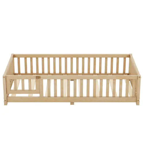 Kids Twin Safety Guardrail Bed with Door, Natural