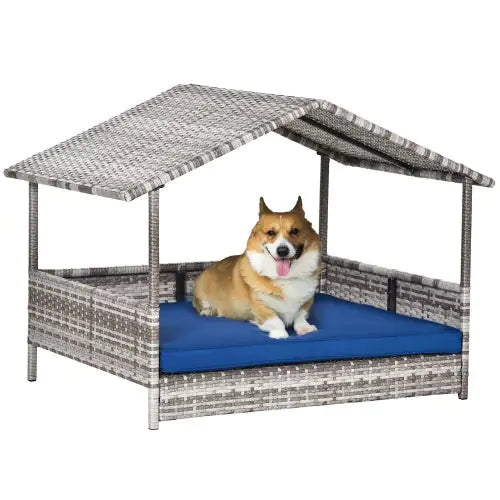 The Rattan Dog House Outdoors With A Canopy, The Rattan Dog Bed With A Waterproof Mat Is Suitable For Small And Medium Sized Dogs