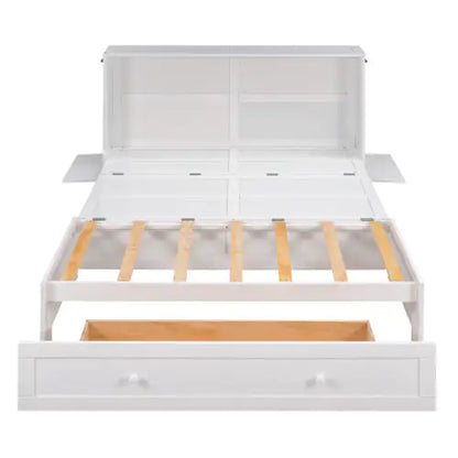 Queen Size Mobile Murphy Bed With Drawer And Little Shelves On Each Side
