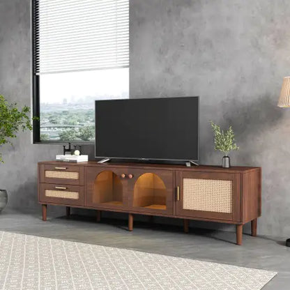 Rattan TV Stand With 3 Cabinets 2 Drawers