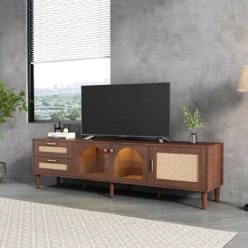 Rattan TV Stand With 3 Cabinets 2 Drawers, Rattan-inspired Media Console Table For TVs Up To 80'', LED Light Entertainment Center, TV Cabinet For Living Room, Bedroom, Home Theatre