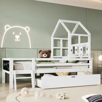 Twin Size House Bed with Ladder and Storage Drawers for Kid's Bedroom