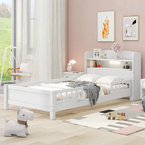 Wood Twin Size Platform Bed with Built-in LED Light, Storage Headboard, and Guardrail