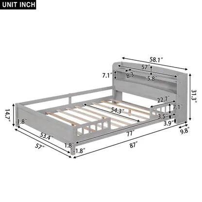 Wood Full-Size Platform Bed with Built-in LED Light, Storage Headboard, and Guardrail
