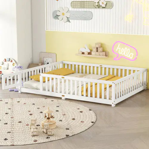 Queen Size Bed Floor Bed With Safety Guardrails And Door For Kids
