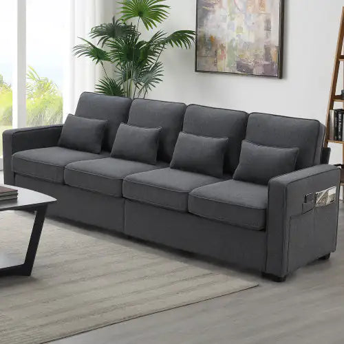 Linen Fabric Modern Sofa with Side Storage & Pillows