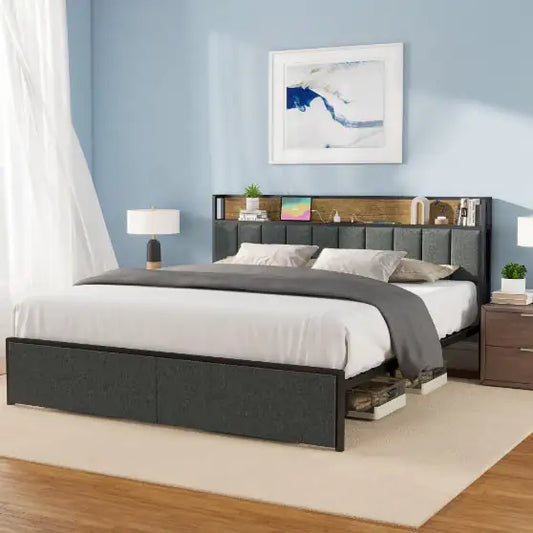 Marco de cama completo con LED y almacenamiento Charging Tech