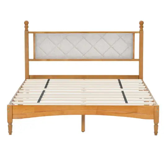 Wood Bed Frame With Fabric Upholstered Headboard