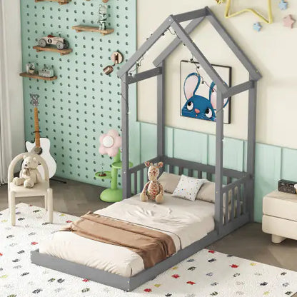 Twin House-Shaped Roof Headboard Floor Bed