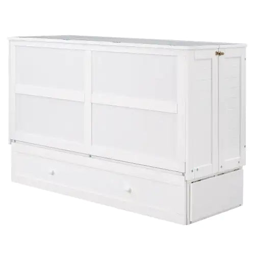 Queen Size Mobile Murphy Bed With Drawer And Little Shelves On Each Side,White