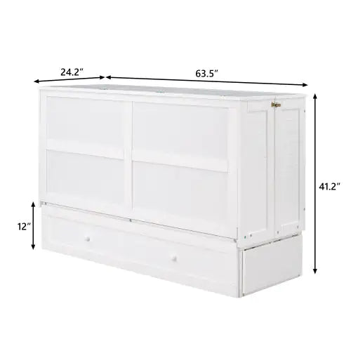 Queen Size Mobile Murphy Bed With Drawer And Little Shelves On Each Side,White